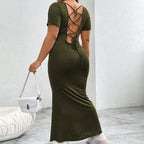 Damen figurbetontes Maxikleid mit quadratischem Ausschnitt aus Rippstrick R&B