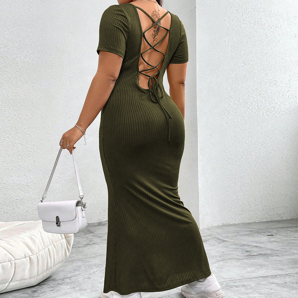 Damen figurbetontes Maxikleid mit quadratischem Ausschnitt aus Rippstrick R&B
