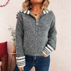Damen kuschelige Strickjacke mit stilvollem Reißverschluss und modischen Streifen R&B