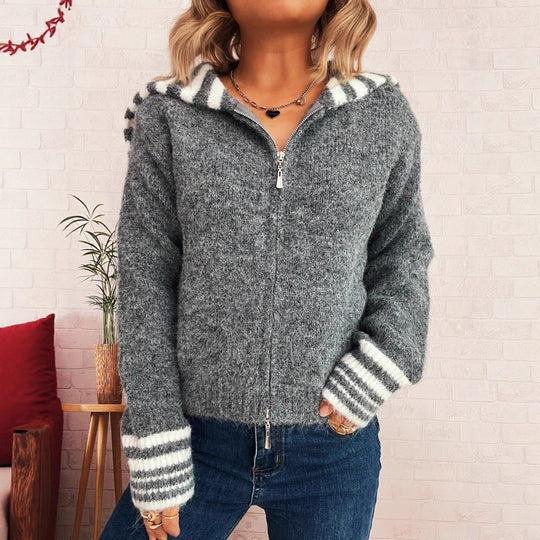 Damen kuschelige Strickjacke mit stilvollem Reißverschluss und modischen Streifen R&B