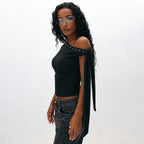 Damen Elegantes One-Shoulder Top mit dekorativen Steinen R&B