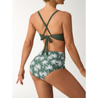 Damen Bikini-Set mit hohem Bund und modischem Palmendruck R&B
