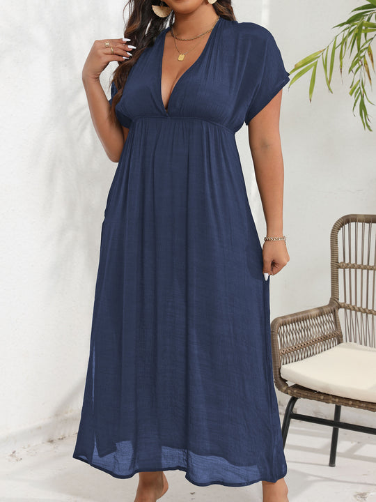 Damen luftiges Maxikleid mit tiefem V-Ausschnitt und seitlichen Schlitzen R&B
