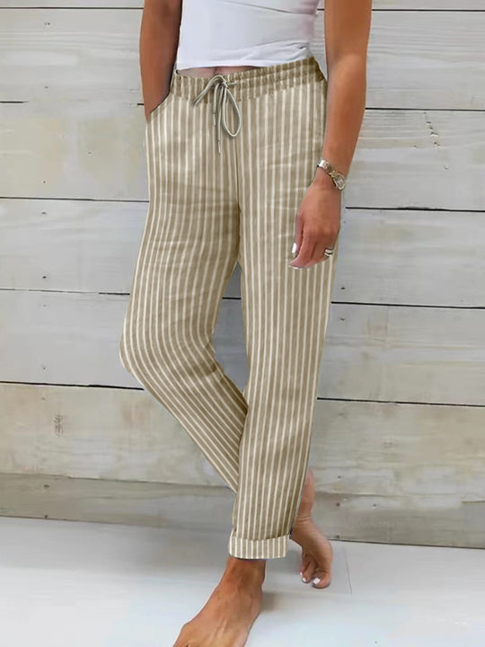 Damen entspannte Baumwoll-Streifenhose mit verstellbarem Bund R&B