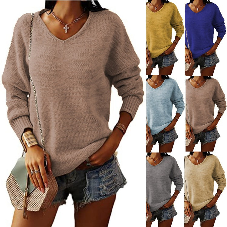 Damen lockerer V-Ausschnitt Pullover aus feinem Strick