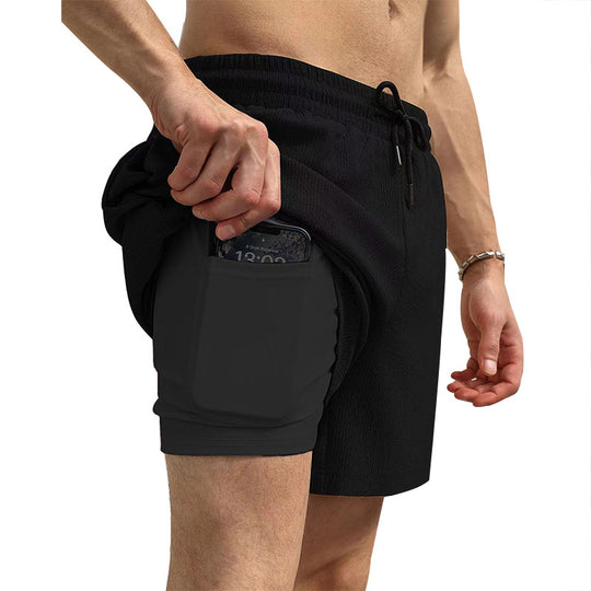 Herren nan zweilagige Schwimmshorts mit innerer Kompressionshose und seitlicher Smartphone-Tasche R&B