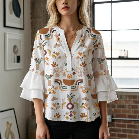 Damen Bluse mit Rüschendetails und auffälligem Animal-Print R&B