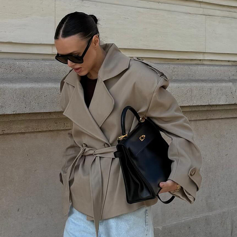 Damen Modischer Trenchcoat mit tailliertem Gürtel und überschnittenen Schultern R&B