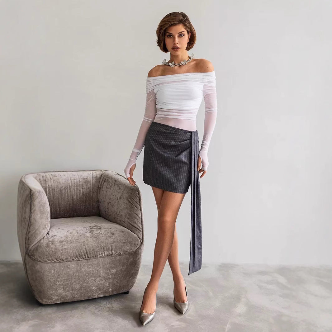 Damen Offshoulder Langarm-Top aus transparentem Netzmaterial R&B