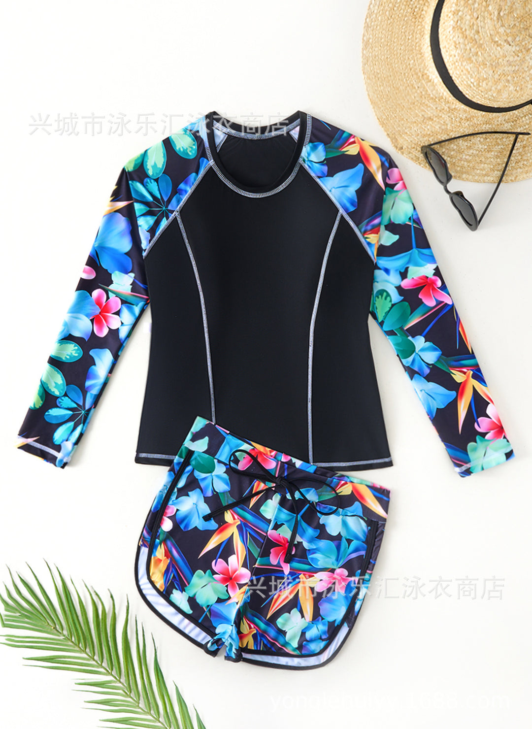 Damen Sportlicher Langarm-Schwimmanzug mit floralem Design und Shorts R&B