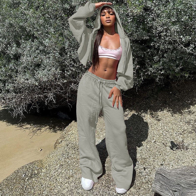 Damen Sportliches Hoodiekombination mit cropped Oberteil und weiten Hosen R&B