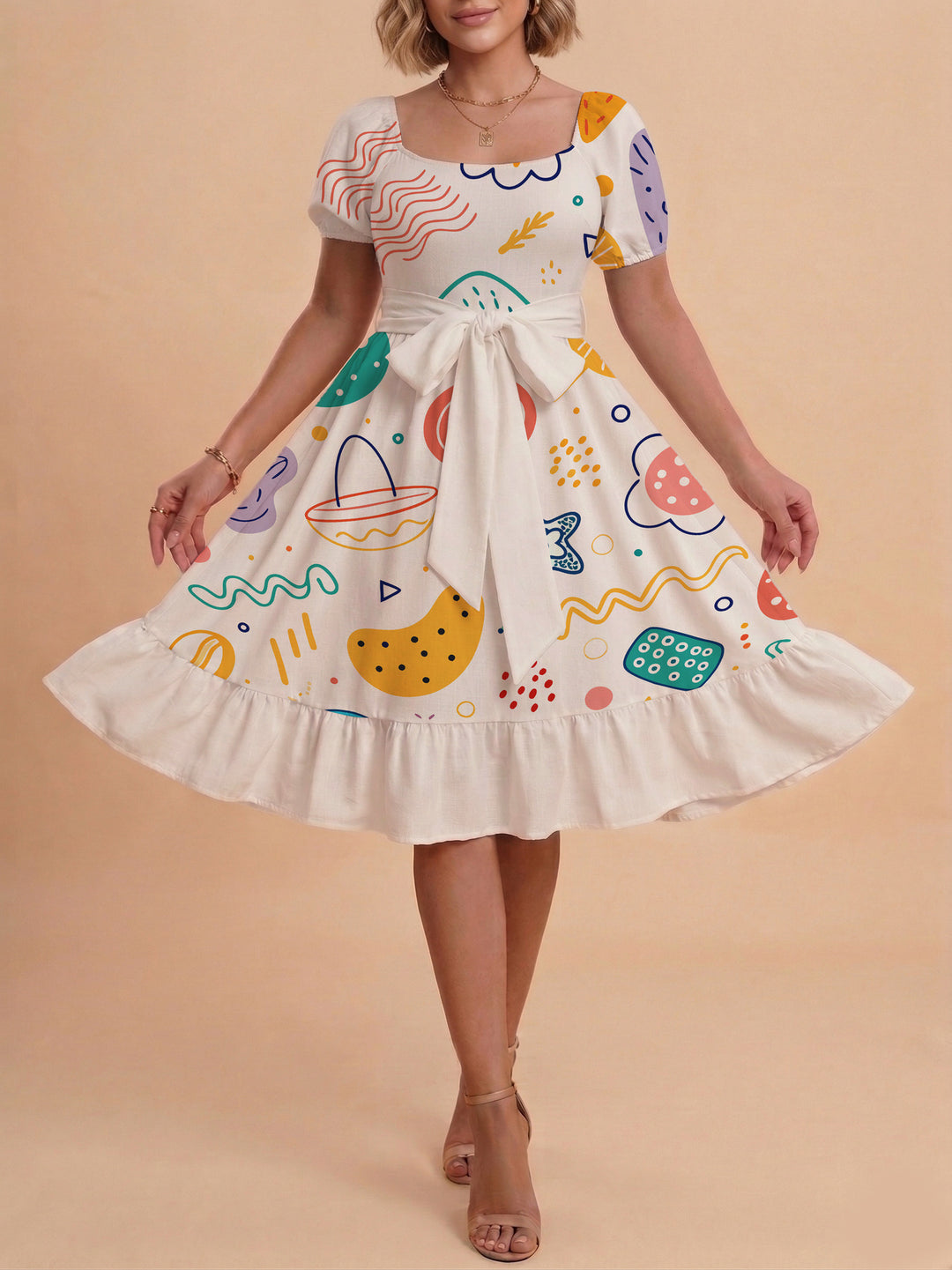 Damen Sommerkleid mit floralem Puffärmel und taillierbarem Gürtel R&B