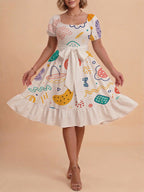 Damen Sommerkleid mit floralem Puffärmel und taillierbarem Gürtel EB