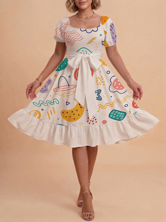 Damen Sommerkleid mit floralem Puffärmel und taillierbarem Gürtel R&B