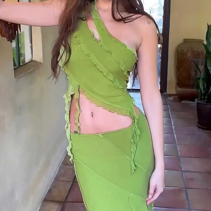 Damen hochgeschlossenes Maxikleid mit asymmetrischem Rüschendesign und eleganter Drapierung R&B