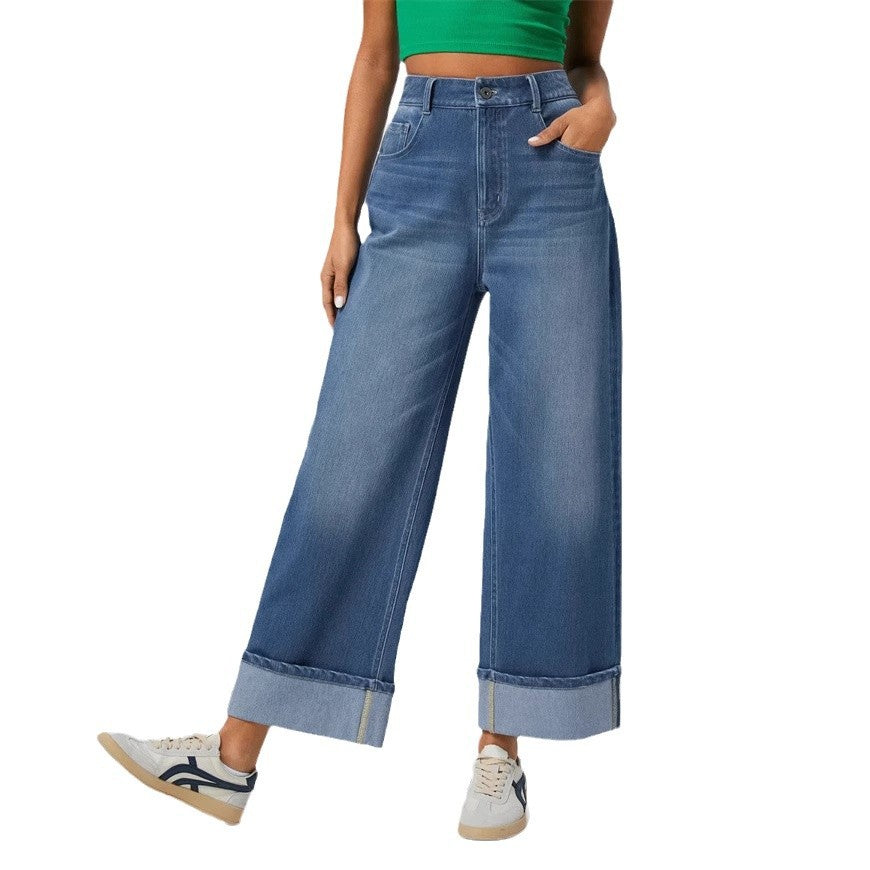 Damen Weit geschnittene Jeans mit hohem Bund und umgeschlagenem Saum R&B