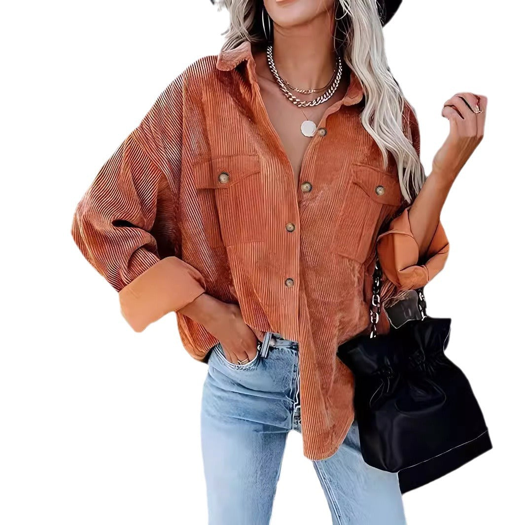Damen lässige Kordjacke mit Knopfverschlüssen und Taschen R&B