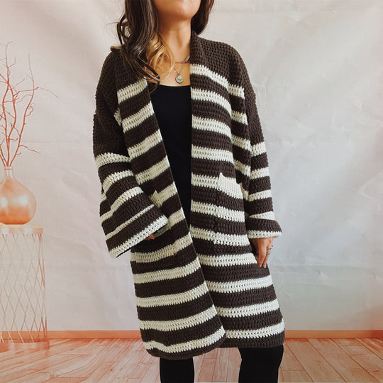 Damen lässige Strickjacke mit modernem Streifenmuster und offener Front R&B