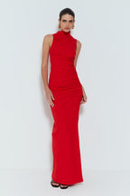 Damen Figurbetontes Maxikleid mit Stehkragen und geschmeidigem Rüschen-Design R&B