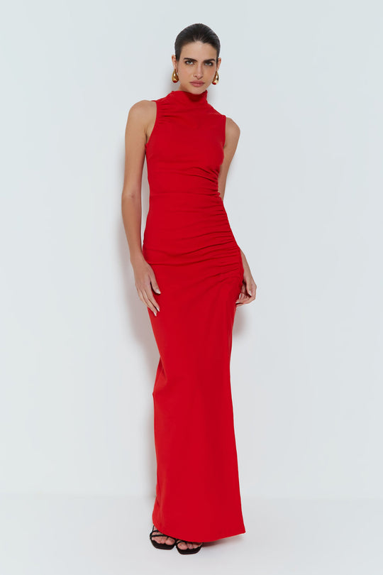 Damen Figurbetontes Maxikleid mit Stehkragen und geschmeidigem Rüschen-Design R&B