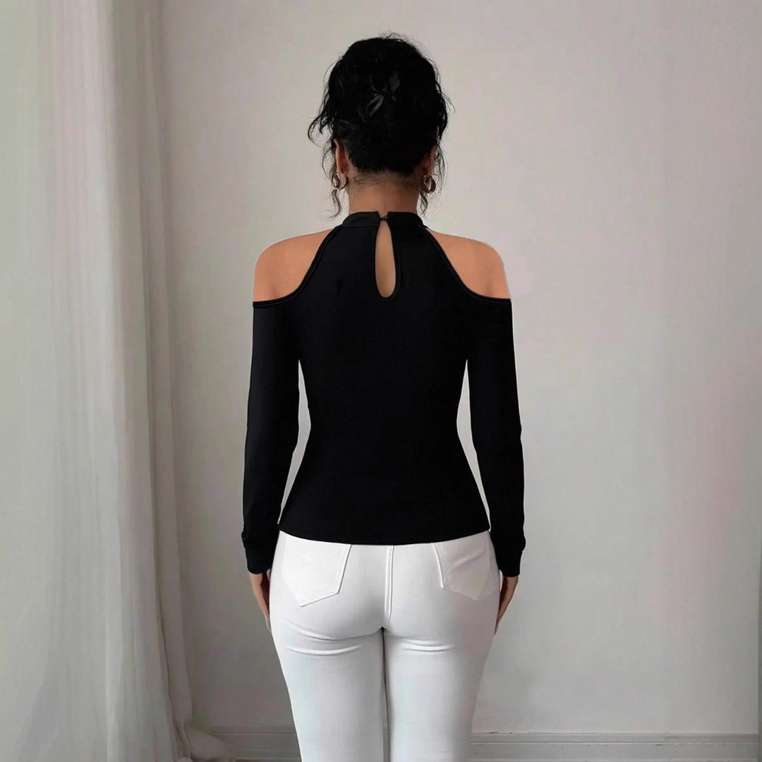 Damen nan schulterfreies Langarm-Top mit Chokerkragen, floralen Spitzenapplikationen und tailliertem Schößchen R&B
