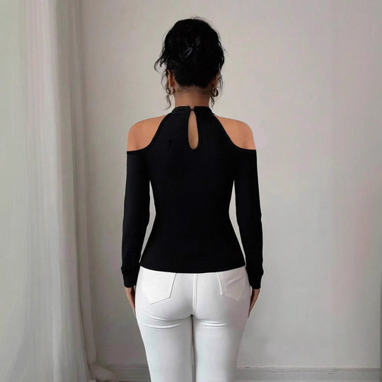 Damen nan schulterfreies Langarm-Top mit Chokerkragen, floralen Spitzenapplikationen und tailliertem Schößchen R&B