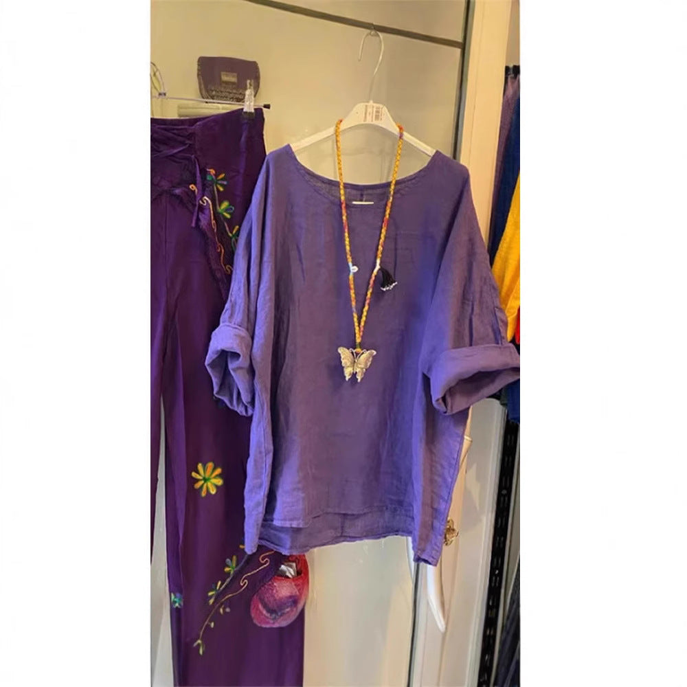 Damen Lockere Leinenbluse mit lässigem Schnitt und Rollärmeln R&B