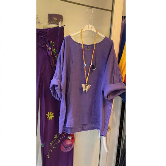 Damen Lockere Leinenbluse mit lässigem Schnitt und Rollärmeln R&B