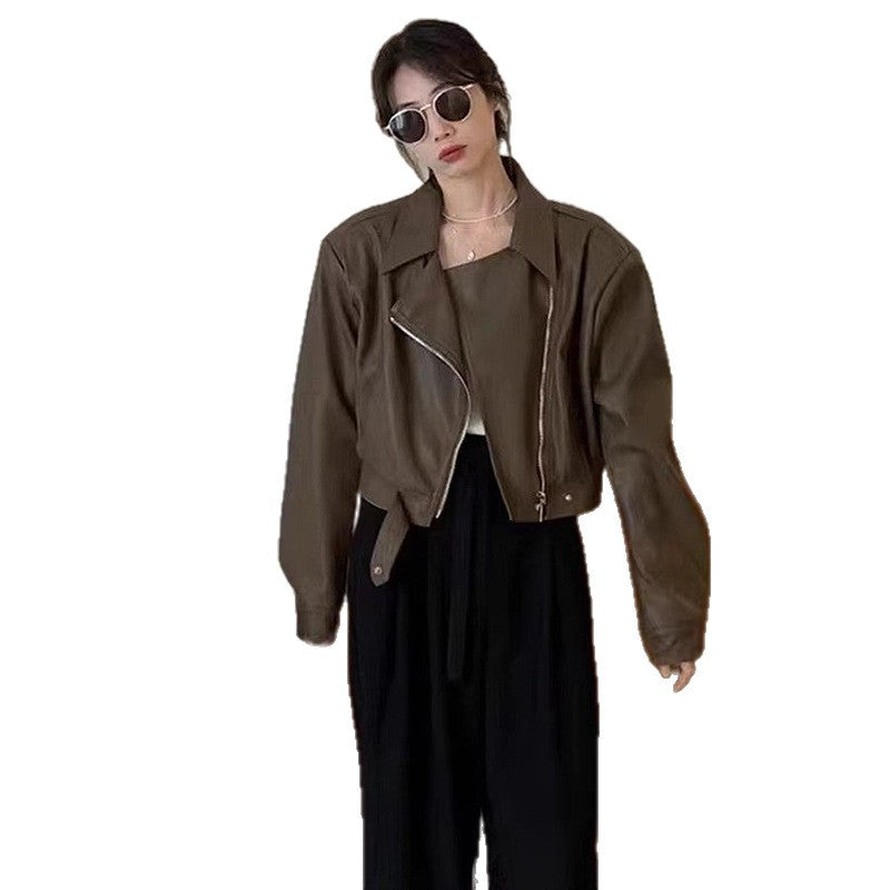 Damen Cropped-Lederjacke im stylischen Biker-Design mit asymmetrischem Reißverschluss und weichen Materialien R&B