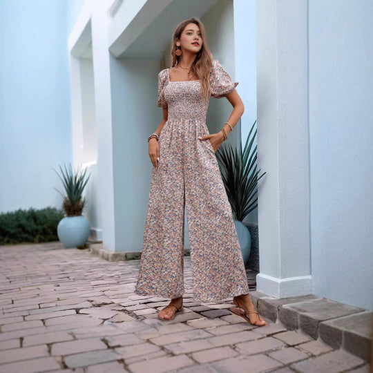 Damen Blumenmuster Jumpsuit mit Puffärmeln und Seitentaschen R&B