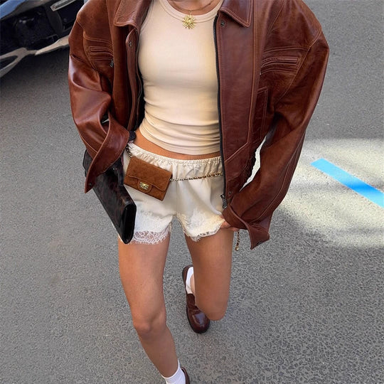Damen lässige Kunstlederjacke im Oversized-Stil R&B