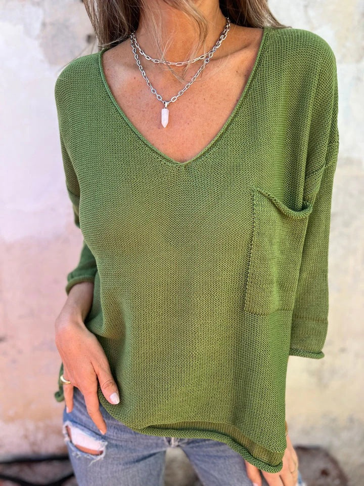 Damen Leichtes und lässiges Strickoberteil mit V-Ausschnitt und Taschen R&B