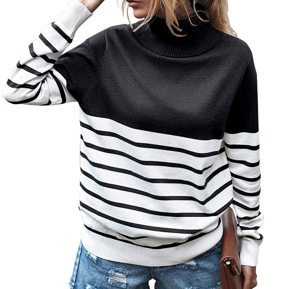 Damen gemütlicher Rollkragenpullover mit Streifenmuster R&B