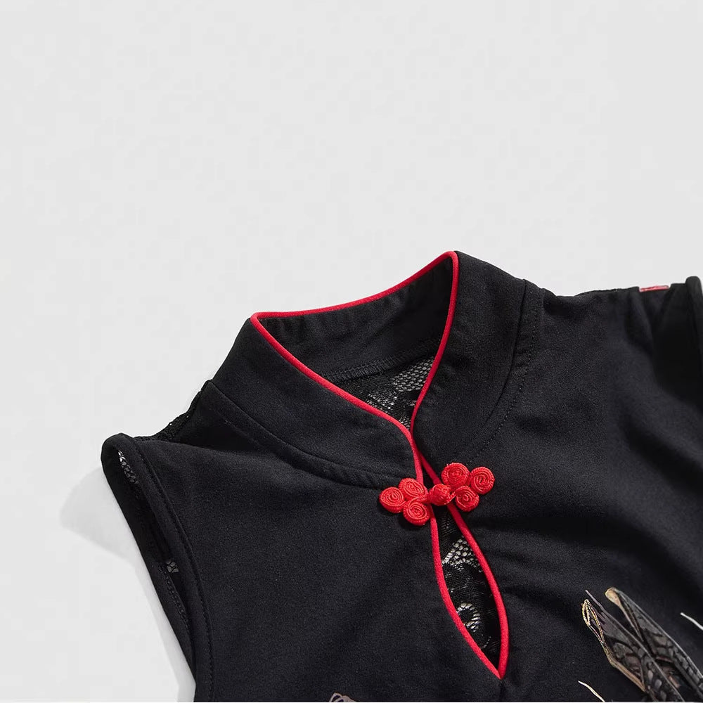 Damen Chinesisches Sticktop mit hochgeschlossenem Design und floralem Motiv R&B