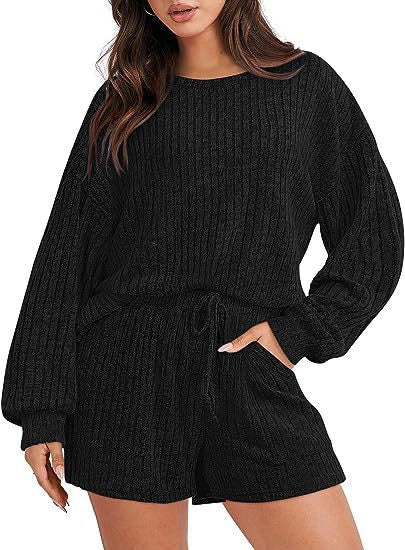 Damen lässiges Kombi-Set aus Streifenpullover und Shorts R&B
