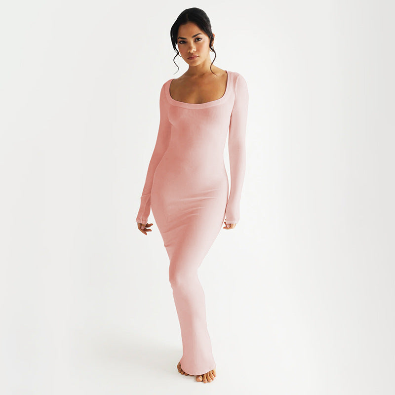 Damen Elegantes langes Kleid mit tiefem U-Ausschnitt und langen Ärmeln R&B