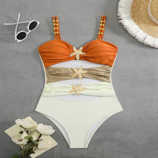 Damen Einteiler Badeanzug mit elegantem Cut-Out und modischen Trägerschlaufen R&B
