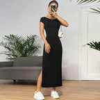 Damen figurbetontes Maxikleid mit seitlichem Schlitz und modernen Kurzärmeln R&B