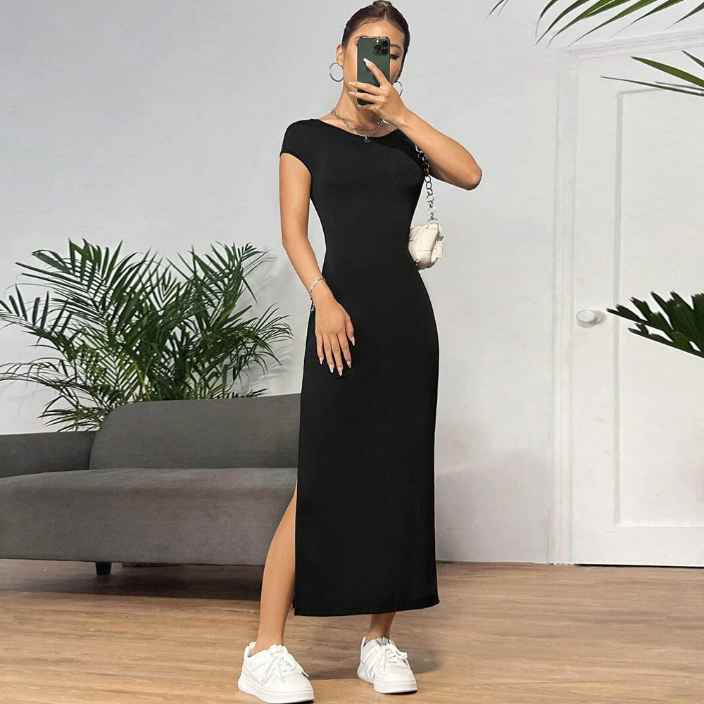 Damen figurbetontes Maxikleid mit seitlichem Schlitz und modernen Kurzärmeln R&B