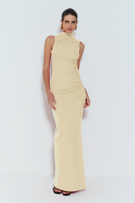 Damen Figurbetontes Maxikleid mit Stehkragen und geschmeidigem Rüschen-Design R&B