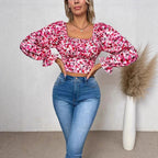 Damen Off-Shoulder Bluse mit Puffärmeln und floralen Mustern R&B