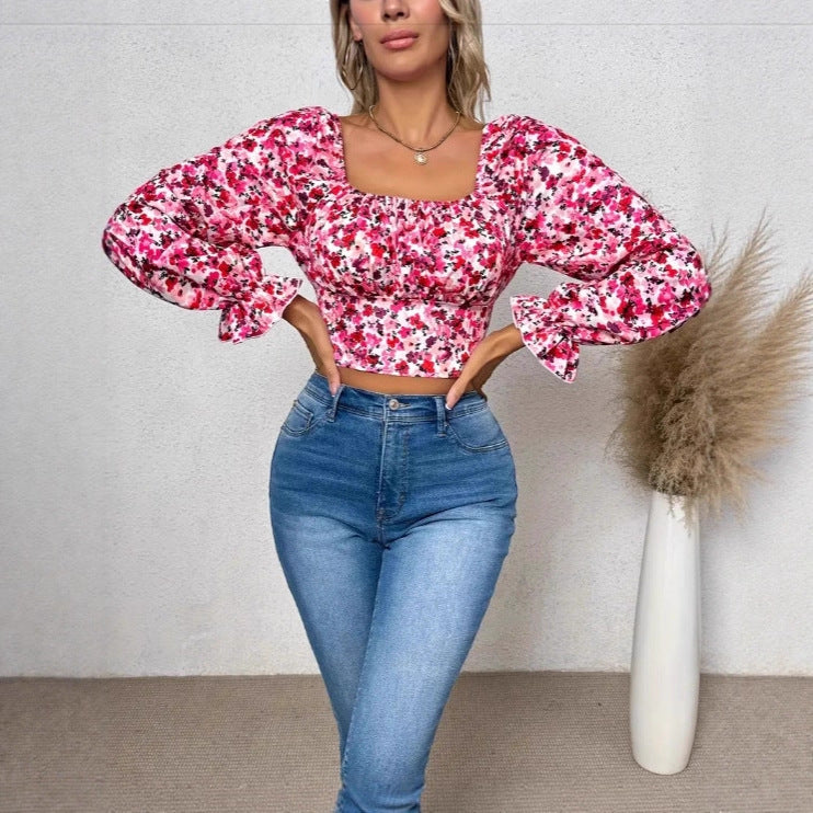 Damen Off-Shoulder Bluse mit Puffärmeln und floralen Mustern R&B