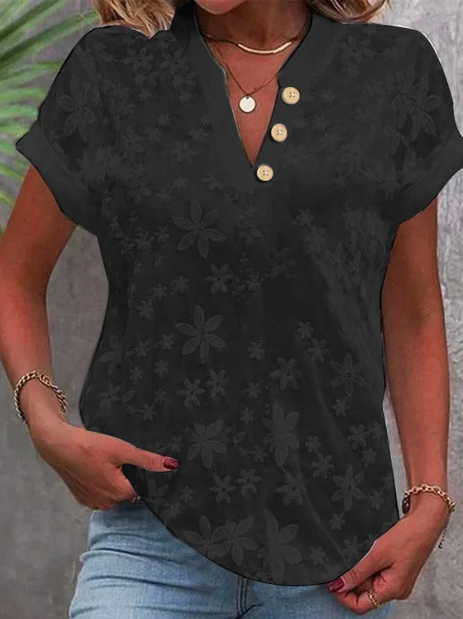 Damen Bluse mit floralem Stickmuster und klassischem V-Ausschnitt R&B