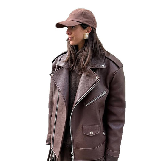 Damen Kunstleder Bikerjacke mit erhöhtem Kragen und elegantem Schnitt R&B