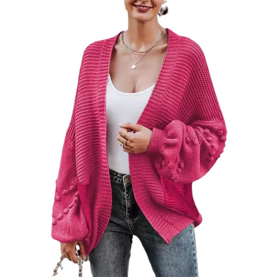 Damen Grobstrick-Cardigan mit voluminösen Puffärmeln und strukturierter Oberfläche R&B