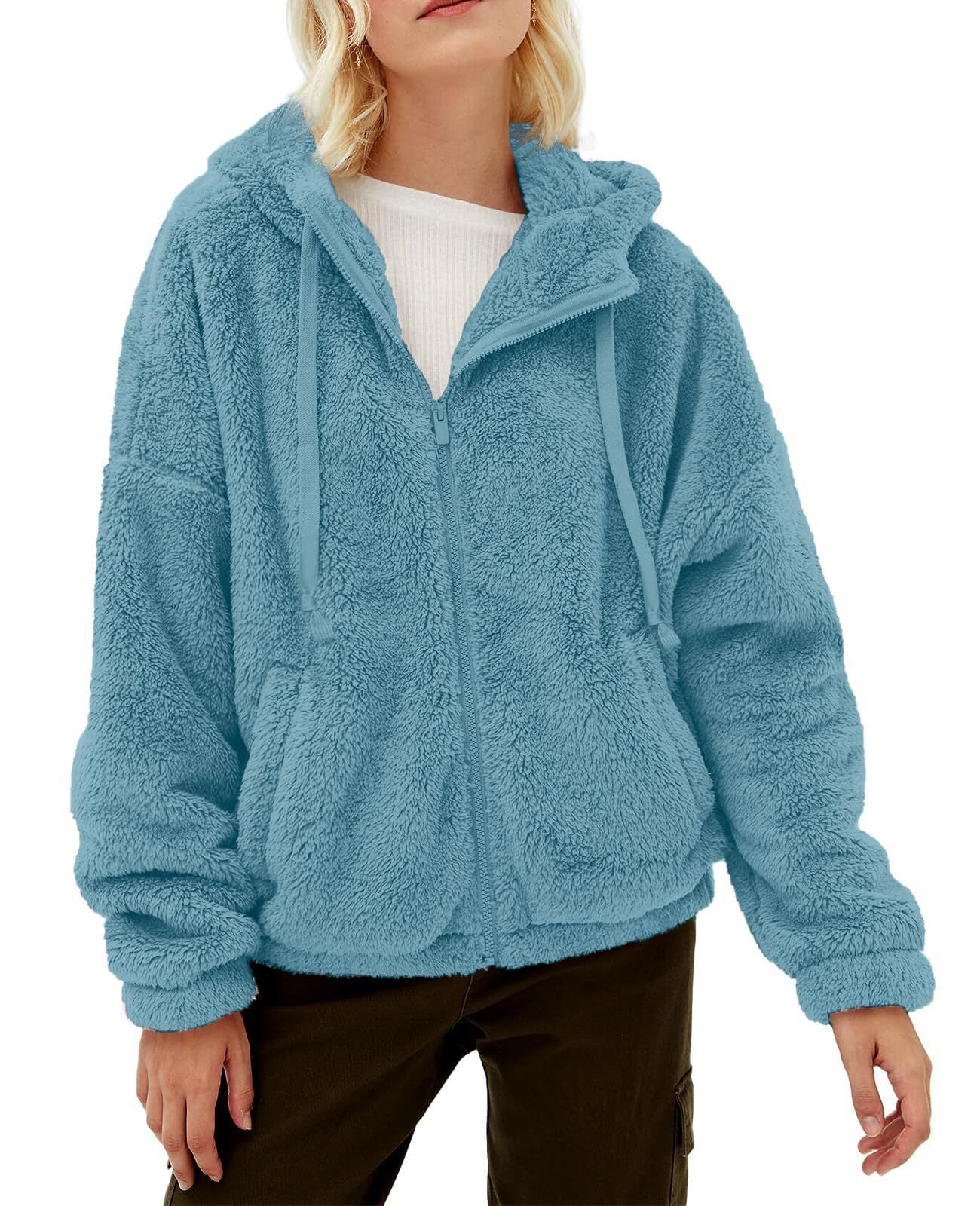 Damen Flauschige Fleecejacke mit Kapuze und Eingrifftaschen R&B