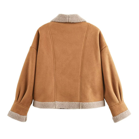 Damen kuschelige Übergangsjacke mit weichem Innenfutter und modischem Revers R&B