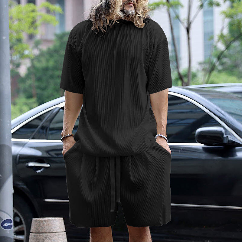 Herren nan modernes geripptes Freizeitset mit weitem Kurzarmshirt und elastischer Tunnelzughose R&B