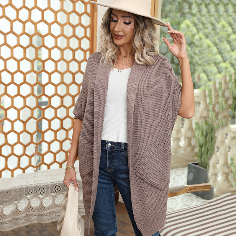 Damen lässiger Strickmantel mit praktischen Taschen und offener Front R&B