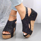 Damen Plateausandalen mit funkelndem Glitzer und Korksohle R&B